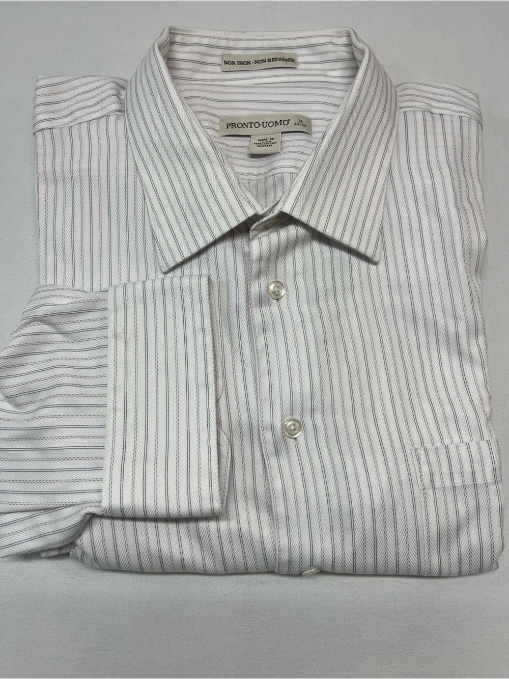 Pronto Uomo White cotton dress Shirt Thin Gray & purple Pinstripes 19/34. 1336